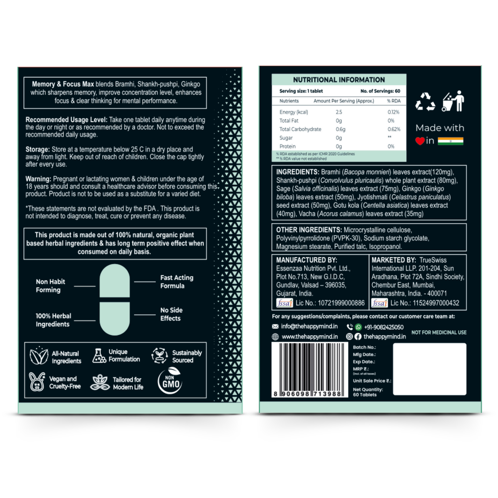HappyMind Botanicals Memory & Focus Max Veg Tablets