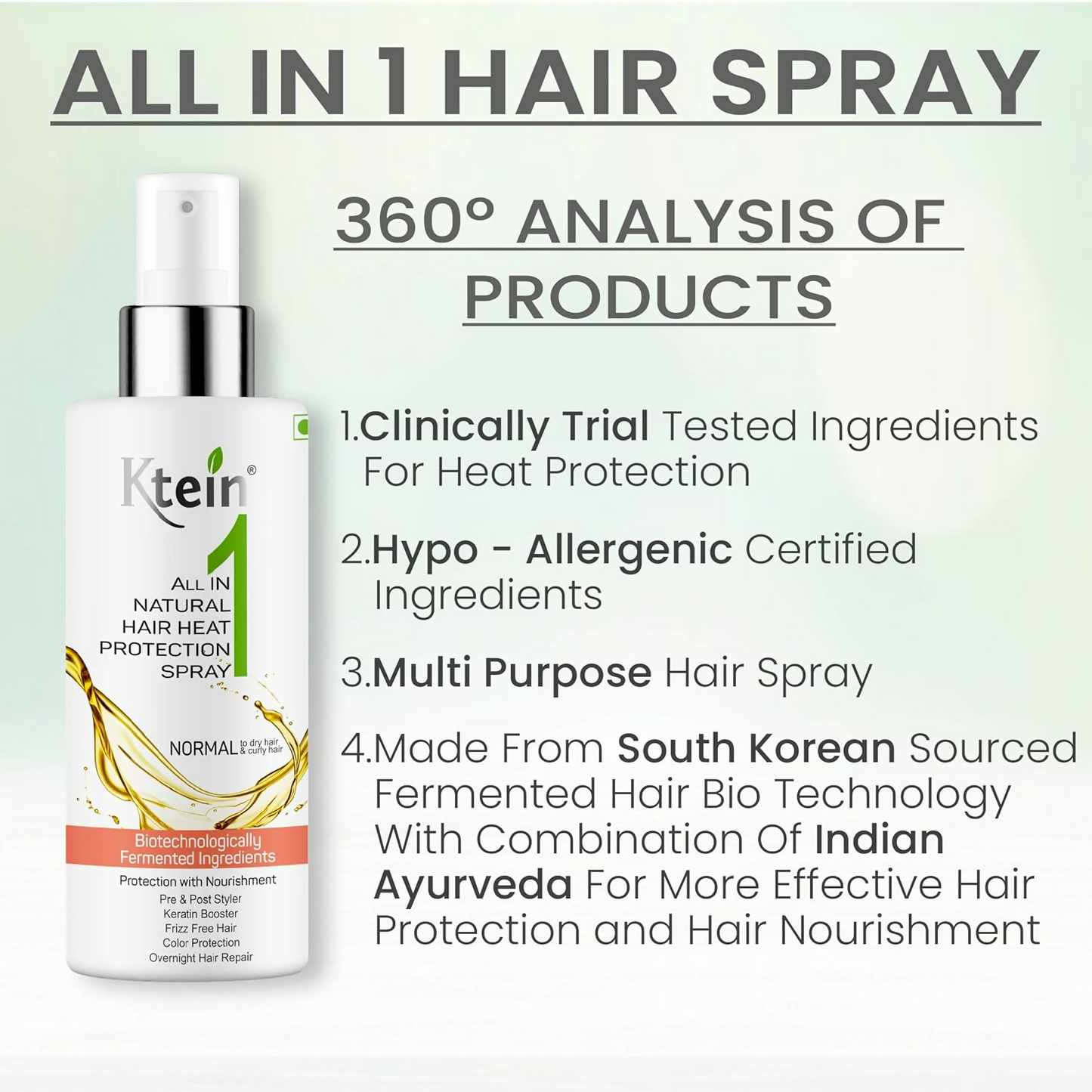 Ktein All in 1 Natural Hair Heat Protection Spray with Fermented Argan Oil