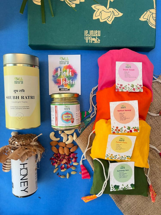 Shuddh Natural Ubtan Based Herbal Gulal, Ayurvedic Thandai Powder, Floral Tisane, Natural Honey | Holi Gift Hamper