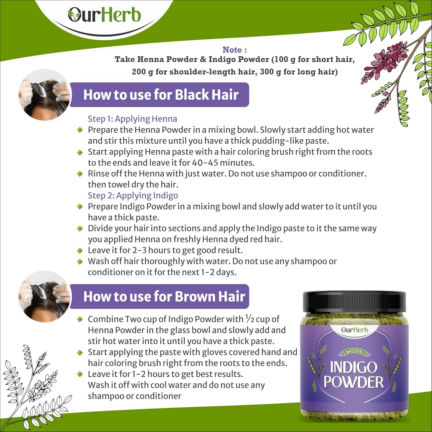 OurHerb Pure & Organic Indigo Leaves Powder For Black Hair Colour