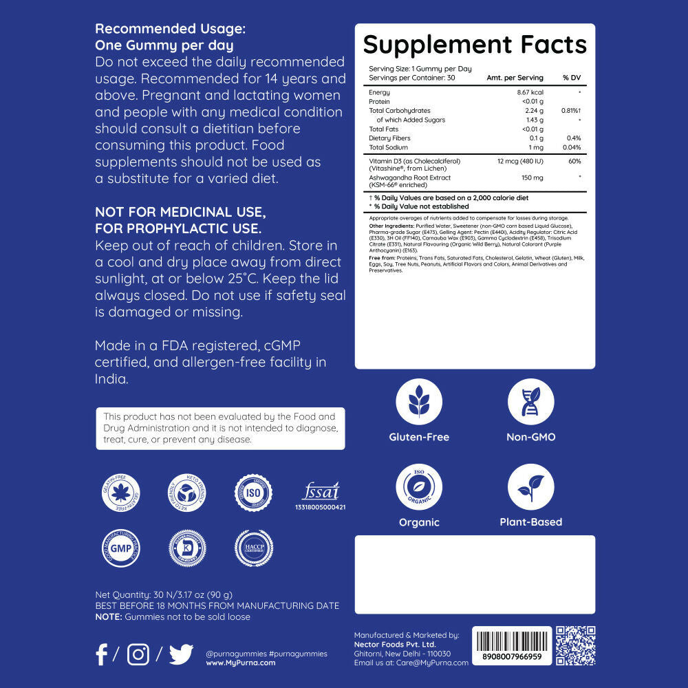 Purna Gummies Ashwagandha Wild Berry Flavour Gummies to Decrease Stress