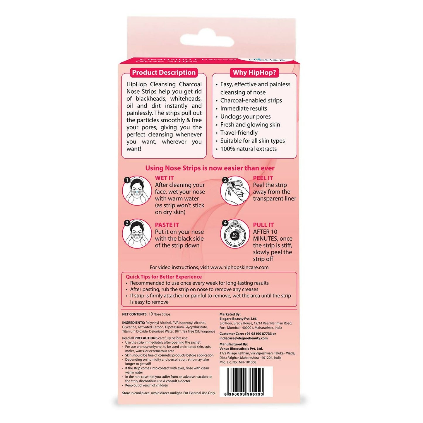 HipHop Skin Care Cleansing Charcoal Nose Strips For Blackheads, Whiteheads Remover, Pore Cleanser, with Natural Extracts