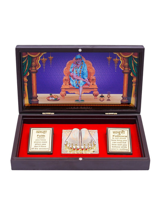 Golden Peacock Brown & Blue 24 CT Gold Foil Wooden Sri Sai Baba Pooja Box