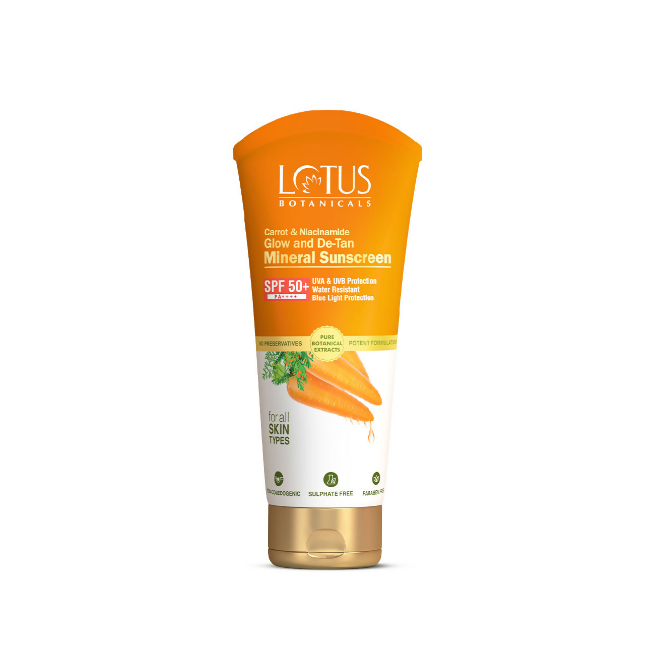 Lotus Botanicals Carrot & Niacinamide Glow and De-Tan Mineral Sunscreen, SPF 50+, PA++++