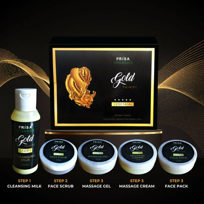 Prisa Organics Gold Facial Kit For Radiant & Glowing Skin - Cleanses & Rejuvenates Skin, Removes Dead Skin, Blackheads