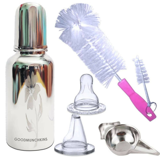 Buy Goodmunchkins Stainless Steel Feeding Bottle with Bottle Cleaning Brush/Chakku/Anti Colic Silicone Nipple Combo-(300ml,Pink) from DrMediCart, Ship from India to USA