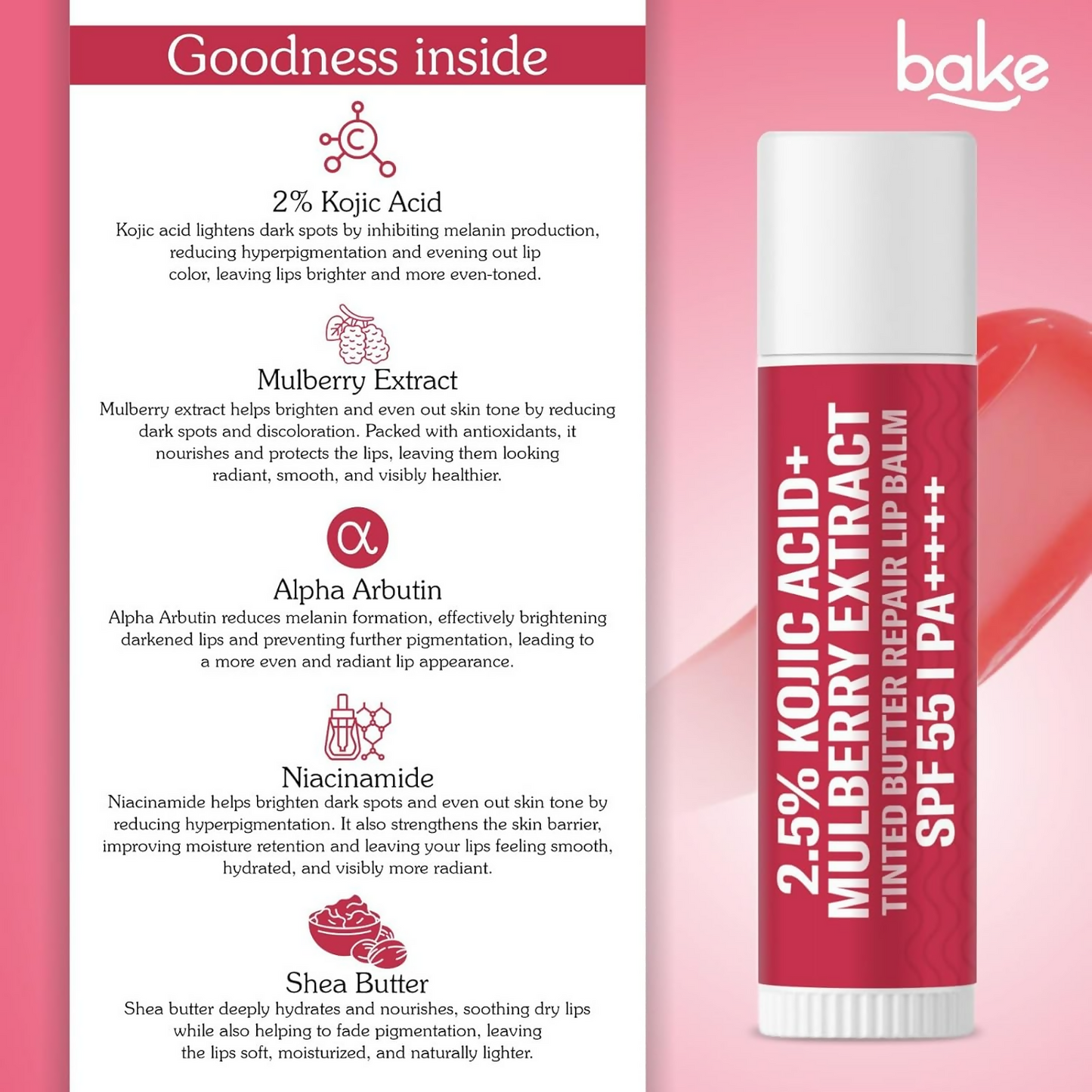 Bake 2.5% Kojic Acid Beetroot Tinted Butter Brightening Lip Balm Spf 55 Pa++++