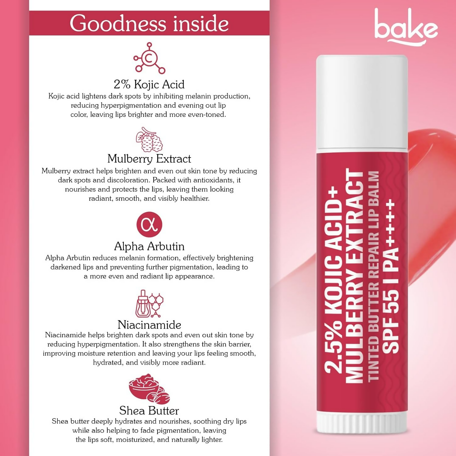 Bake 2.5% Kojic Acid Beetroot Tinted Butter Brightening Lip Balm Spf 55 Pa++++