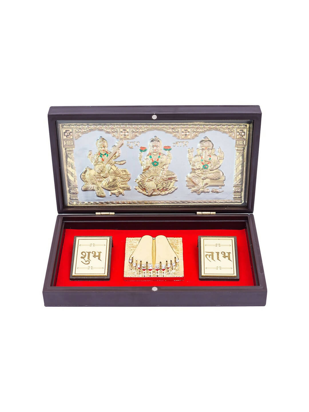 Golden Peacock 24 KT Gold-Polished Laxmi, Ganesha, Saraswati Pooja Box