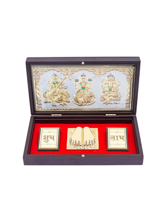Golden Peacock 24 KT Gold-Polished Laxmi, Ganesha, Saraswati Pooja Box