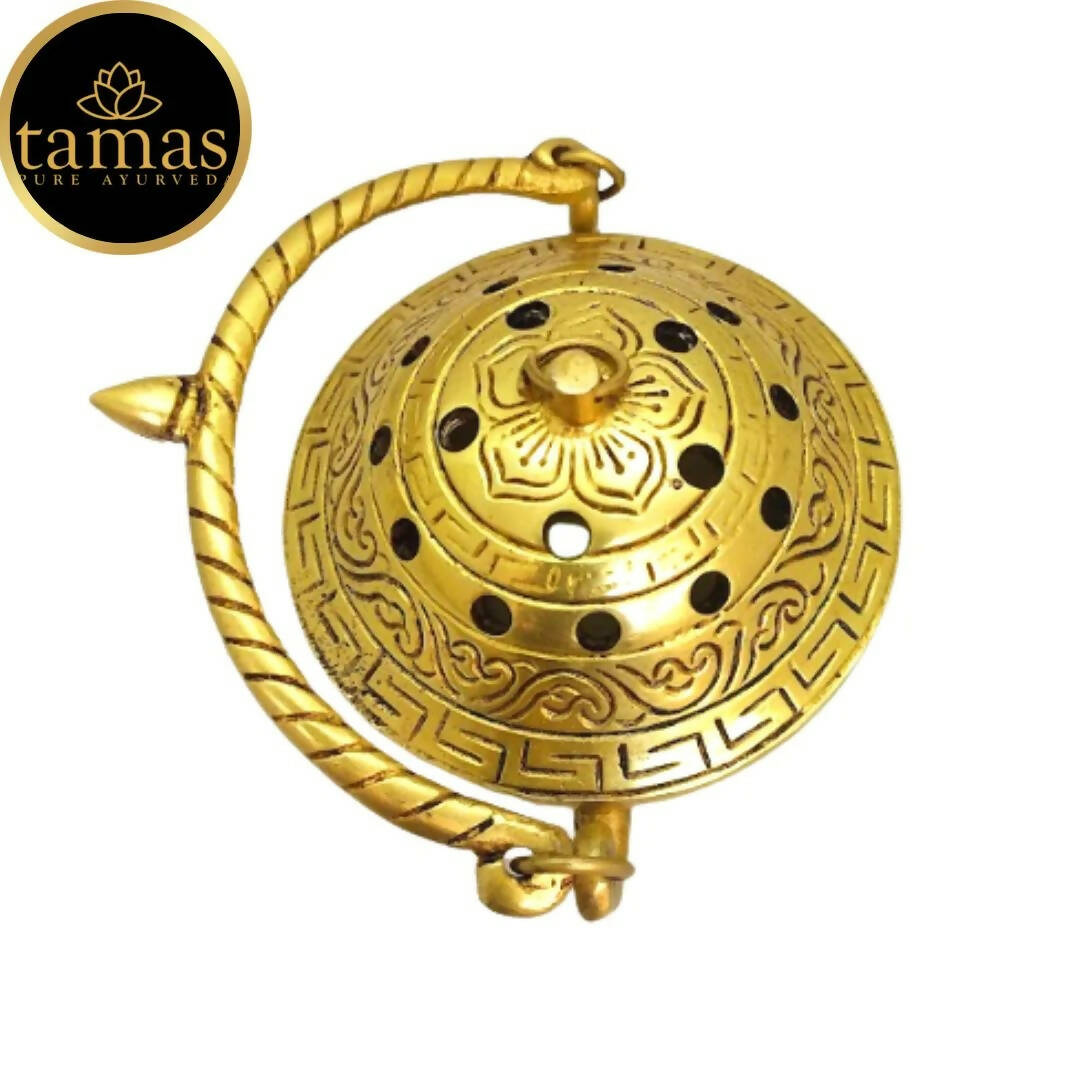 Tamas Brass Small Dhoop Burner with Handle and Lid (Golden)