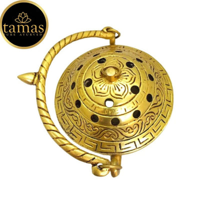 Tamas Brass Small Dhoop Burner with Handle and Lid (Golden)