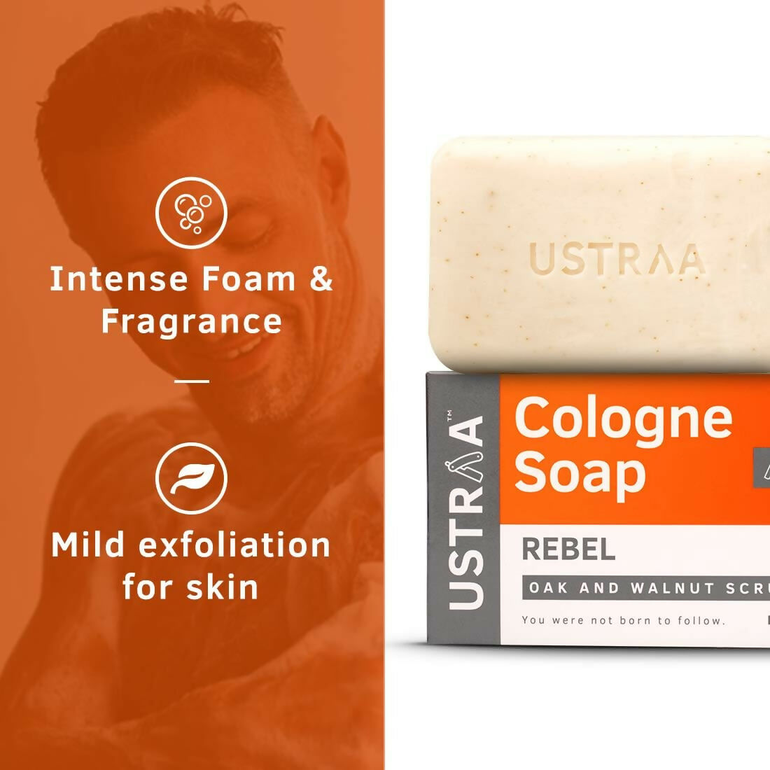 Ustraa Rebel Cologne Soap with Oak & Walnut, Triple-milled Soap, Mild Exfoliation with Walnut Granules