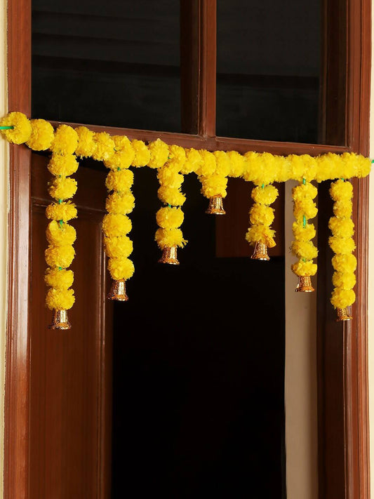 Tied Ribbons Yellow Entrance Hanging Marigold Flowers Bandhanwar Toran Garland with Bells