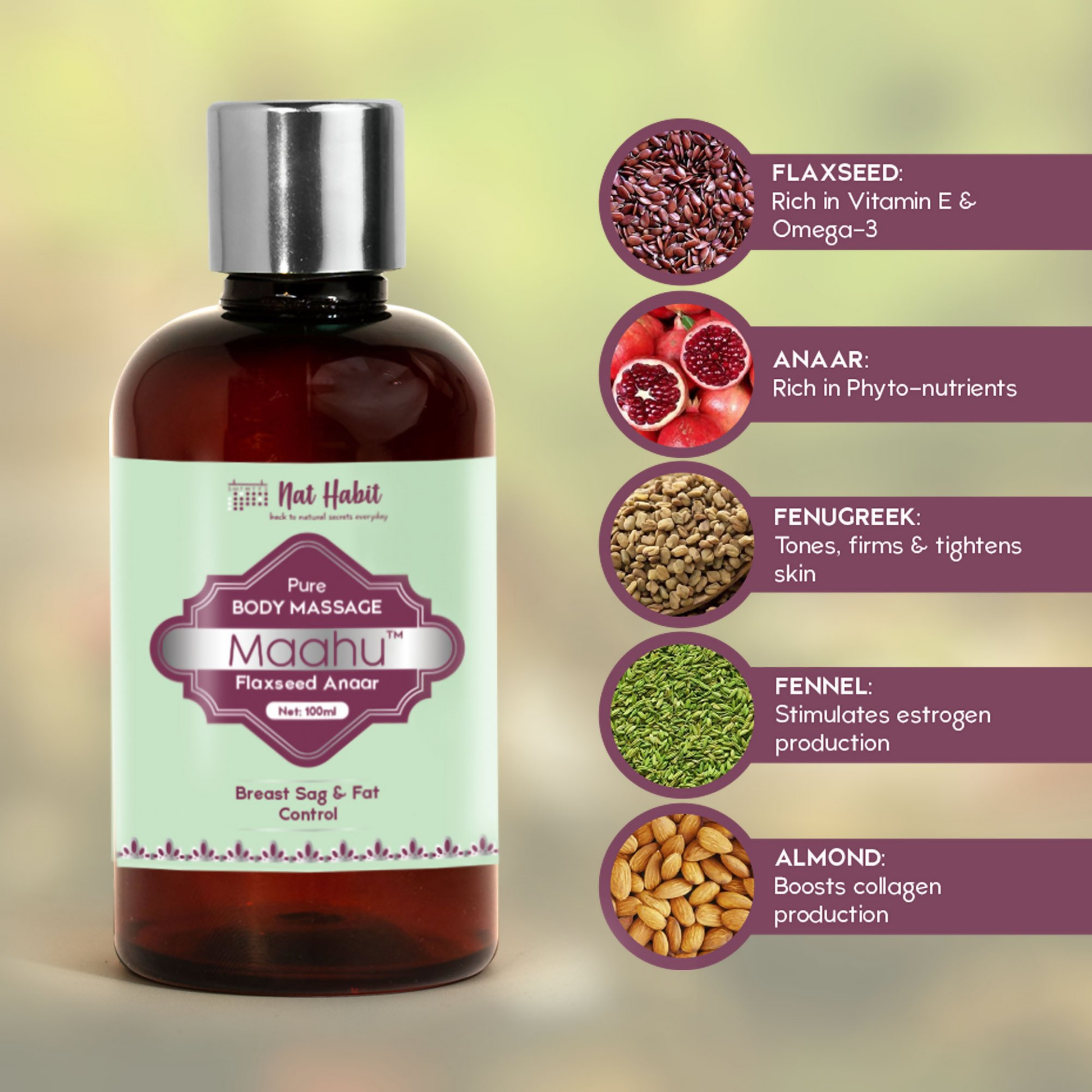 Nat Habit Pure Flaxseed Anaar Maahu Body Massage Oil