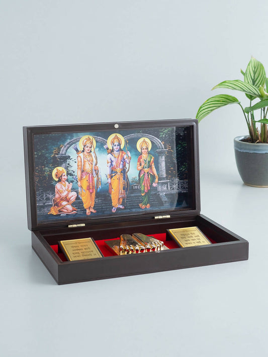 Buy Golden Peacock 24 Ct Gold-Polished & Brown Ram Darbaar Pooja Box