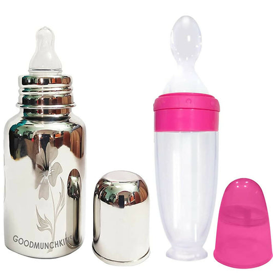 Buy Goodmunchkins Stainless Steel Feeding Bottle With Spoon Food Feeder for Baby Anti Colic Silicon Nipple Feeder 300 ml Combo Pack-Pink from DrMediCart, Ship from India to USA