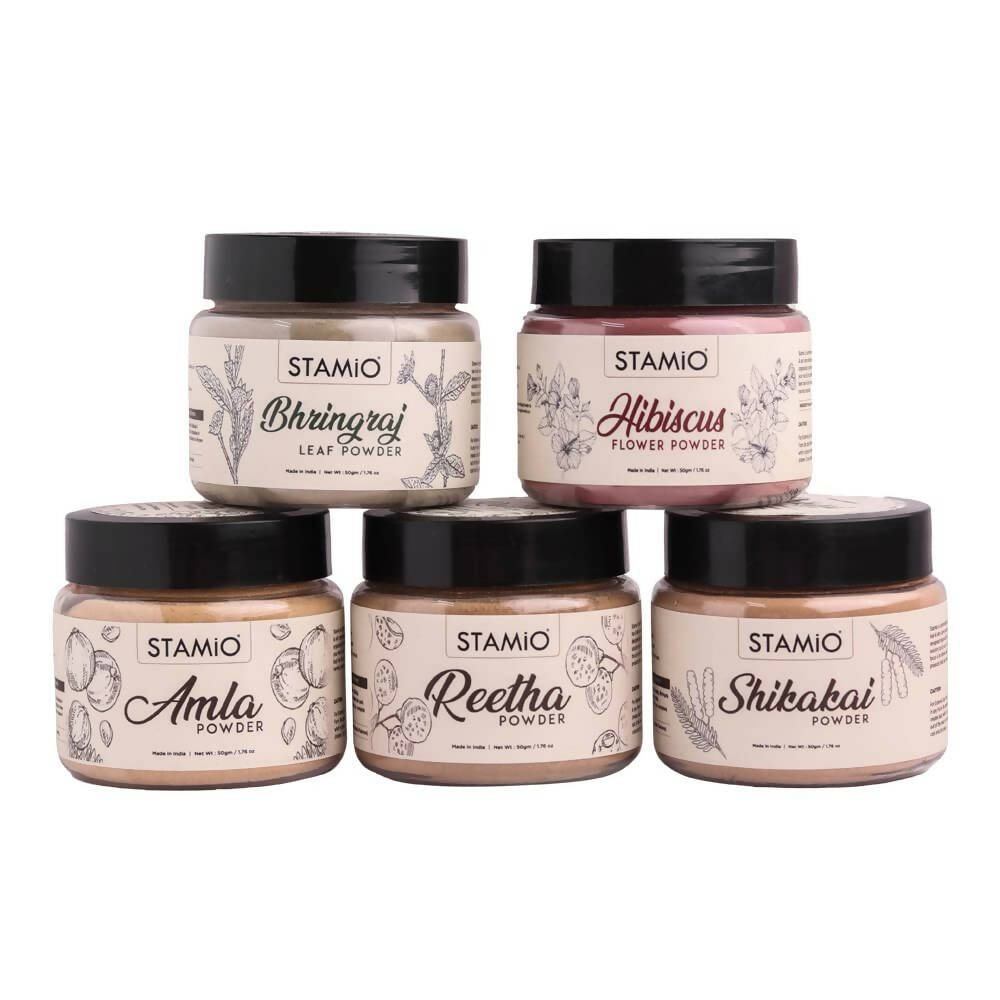 Buy Stamio Pure Amla, Reetha, Shikakai, Bhringraj, Hibiscus Powders Combo For Hair Pack from DrMediCart, Ship from India to USA
