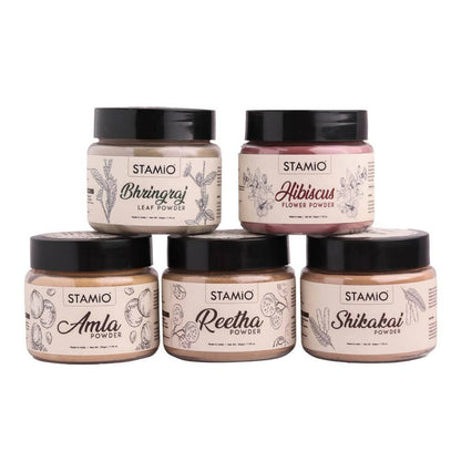 Buy Stamio Pure Amla, Reetha, Shikakai, Bhringraj, Hibiscus Powders Combo For Hair Pack from DrMediCart, Ship from India to USA