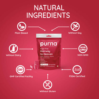 Purna Gummies Hair Biotin Cranberry Sugar Free Gummies with Vitamin B12 for Hair & Nail