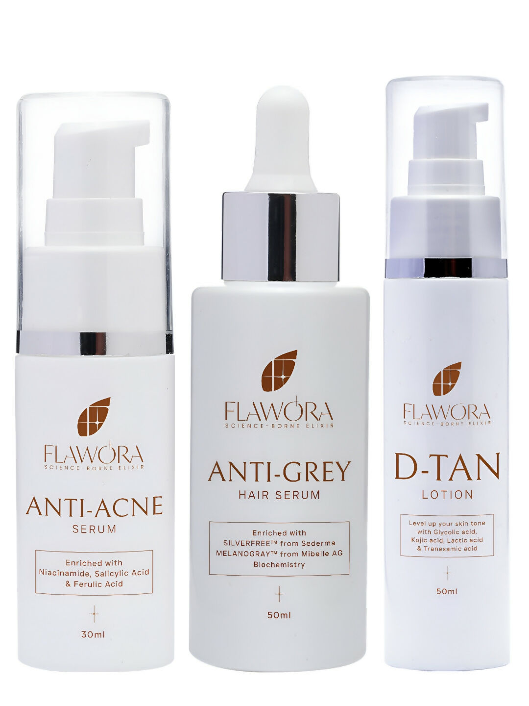 Flawora Anti-Grey Hair Serum, Anti Acne Serum and D-Tan Lotion Combo