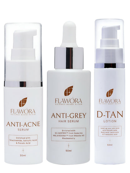Flawora Anti-Grey Hair Serum, Anti Acne Serum and D-Tan Lotion Combo