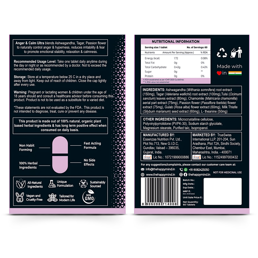 HappyMind Botanicals Anger & Calm Ultra Veg Tablets