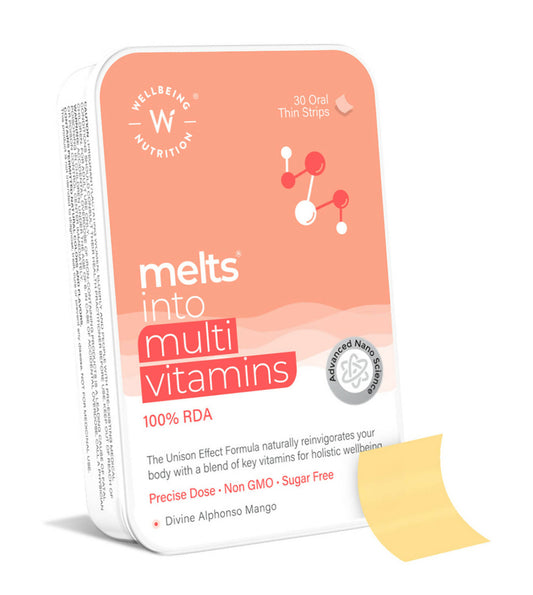 Buy Wellbeing Nutrition Melts Into Multivitamins Oral Strips-Divine Alphonso Mango Flavor from DrMediCart, Ship from India to USA