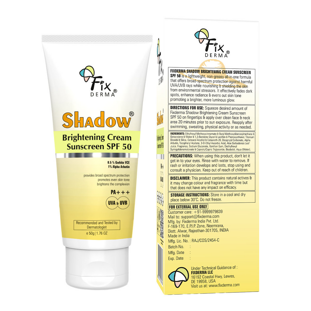 Fixderma Shadow Brightening Cream Sunscreen SPF50 PA+++ UVA/UVB
