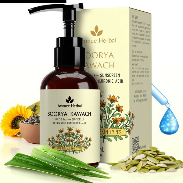 Buy Avimee Herbal Soorya Kawach SPF 50 PA++++ Hyaluronic Acid Sunscreen Lotion from DrMediCart, Ship from India to USA