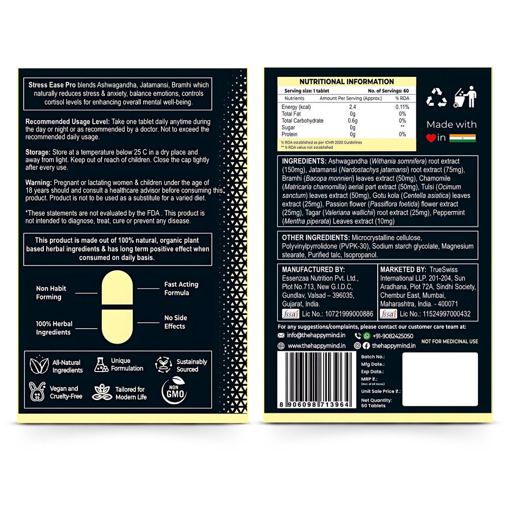 HappyMind Botanicals Stress Ease Pro Veg Tablets