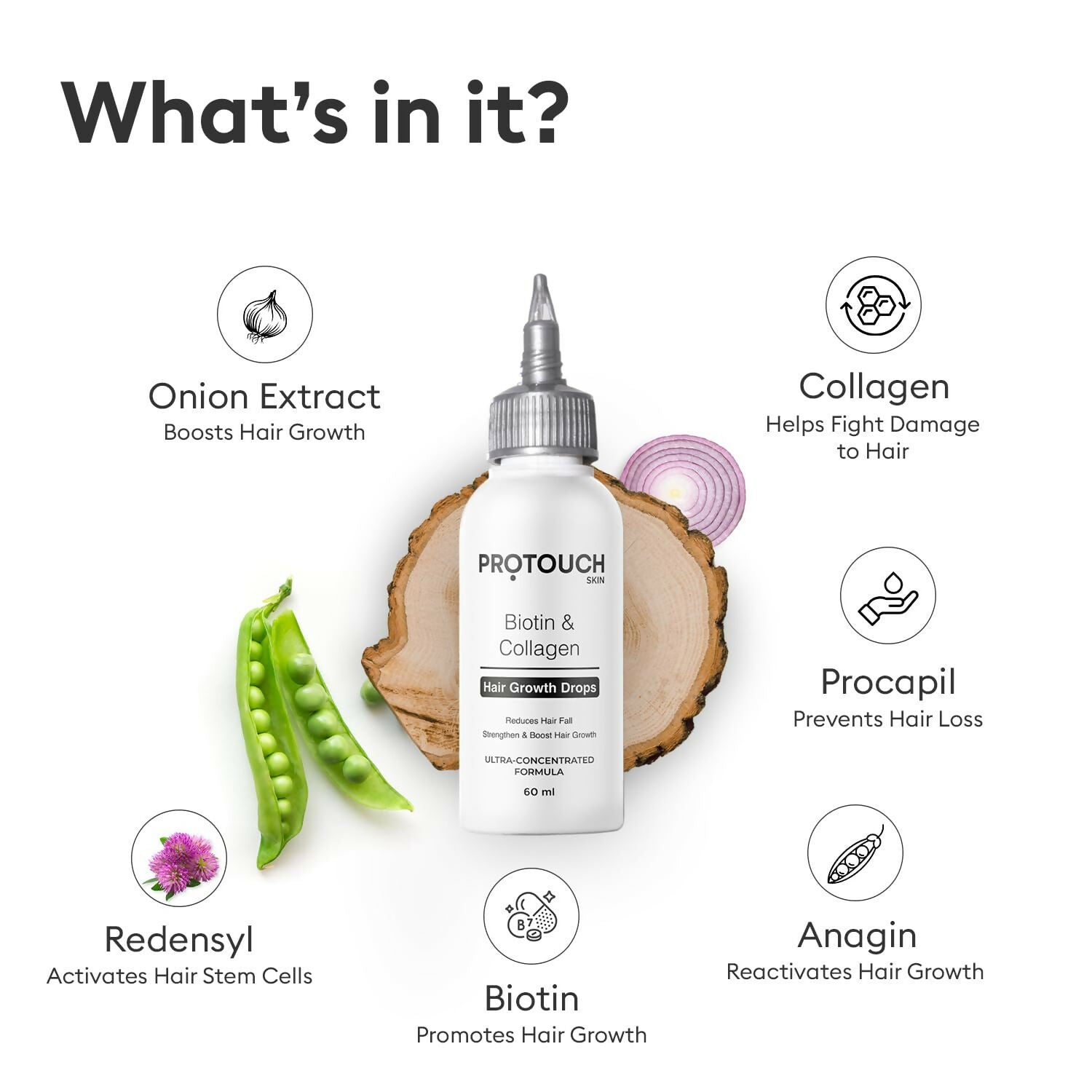 Protouch Biotin & Collagen Hair Growth Drops with Redensyl, Anagain, Procapil, and Onion Extract