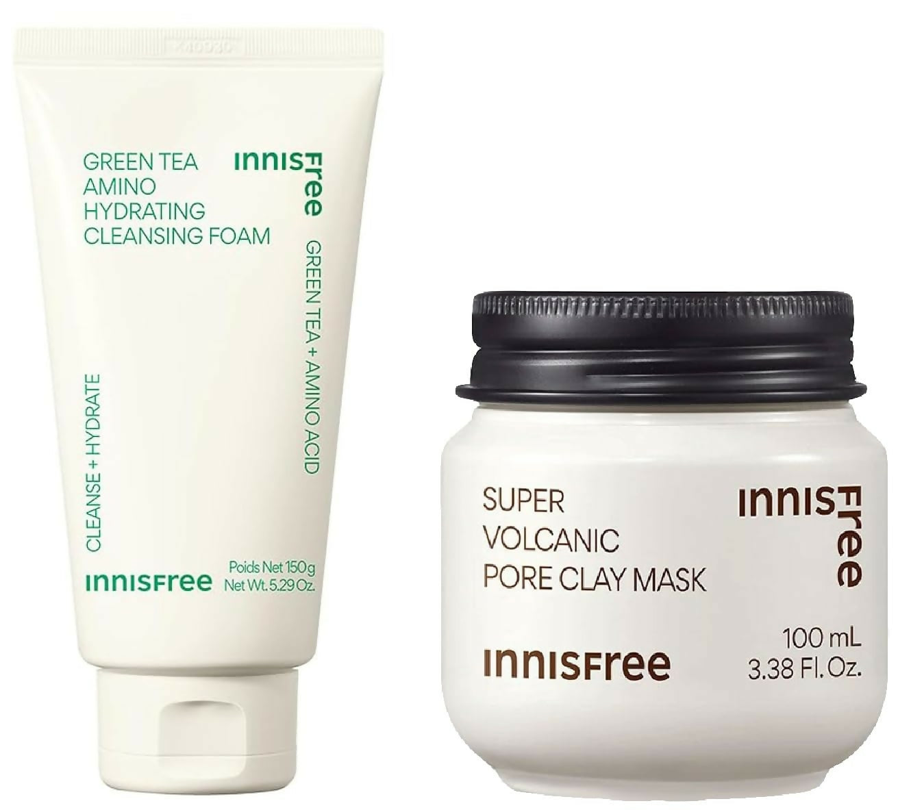 Innisfree Super Volcanic Pore Clay Mask 2X & Green Tea Foam Cleanser Combo