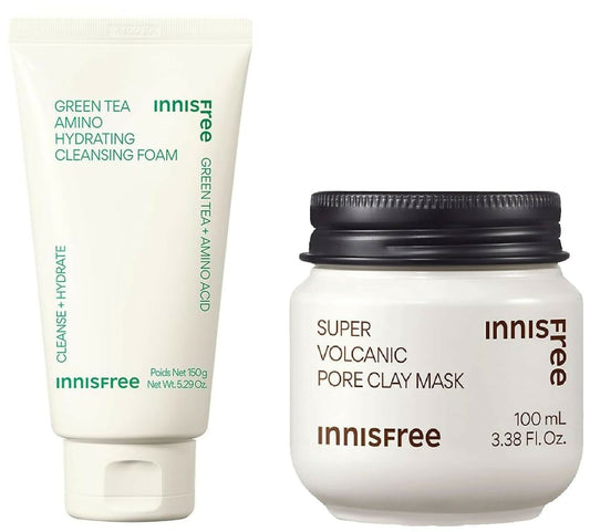 Innisfree Super Volcanic Pore Clay Mask 2X & Green Tea Foam Cleanser Combo