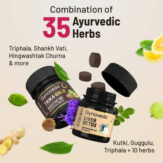 Gynoveda Gut Health Liver Detox + Trika-Gold Ayurvedic Tablets Combo
