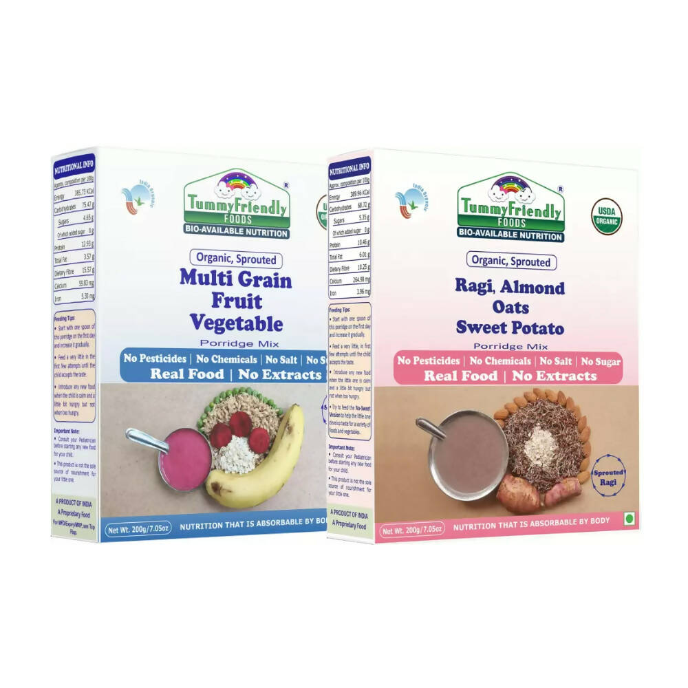 Buy TummyFriendly Foods Organic Multi-Grain, and Sprouted Ragi, Oats, Red Lentil, Banana Porridge Mixes Combo from DrMediCart, Ship from India to USA