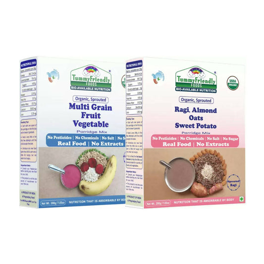 Buy TummyFriendly Foods Organic Multi-Grain, and Sprouted Ragi, Oats, Red Lentil, Banana Porridge Mixes Combo from DrMediCart, Ship from India to USA