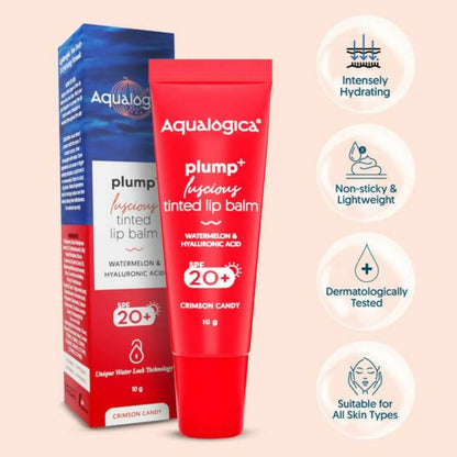 Aqualogica Crimson Candy Plump+ Luscious Tinted Lip Balm with Watermelon and Hyaluronic Acid, SPF 20+