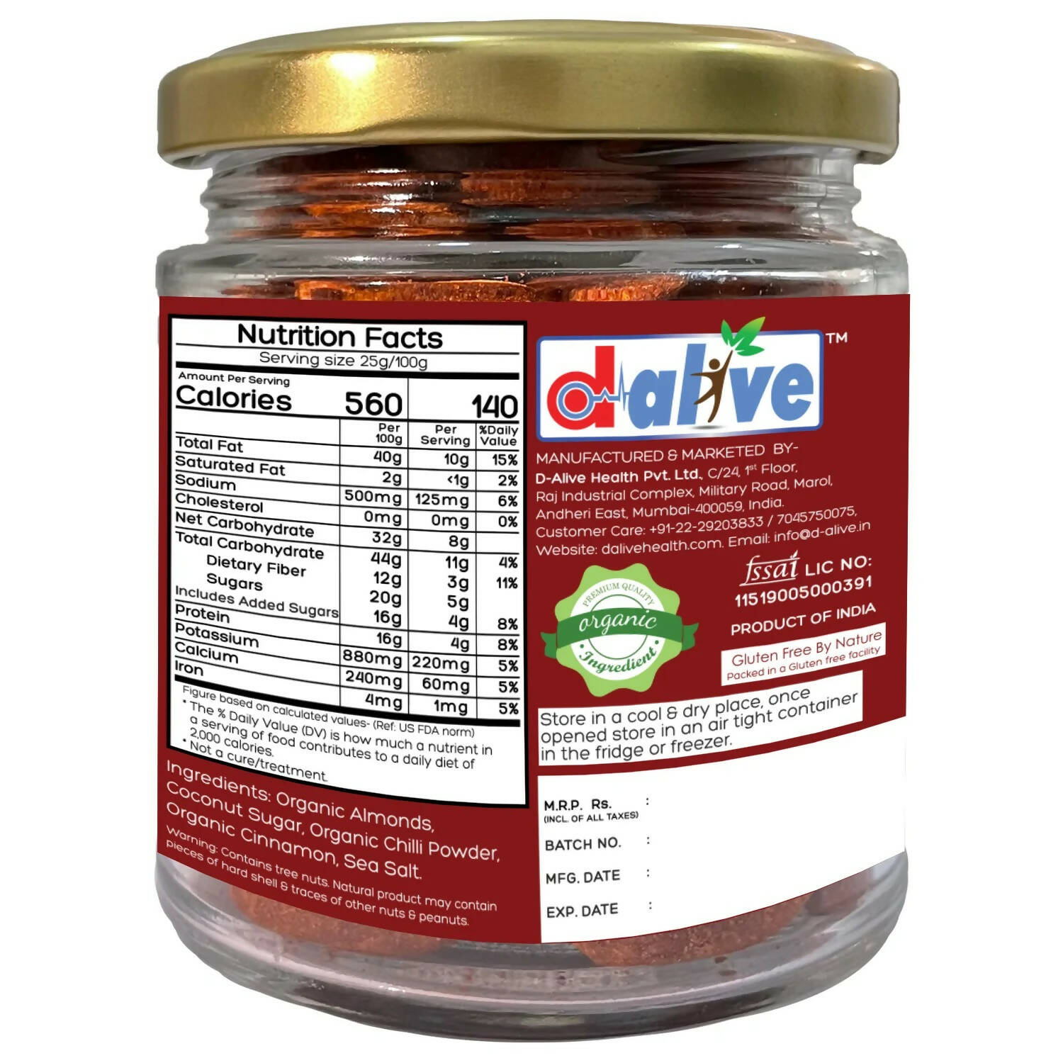 D-Alive Honestly Organic Activated Cinnamon Chilli Almonds - Drmedicart