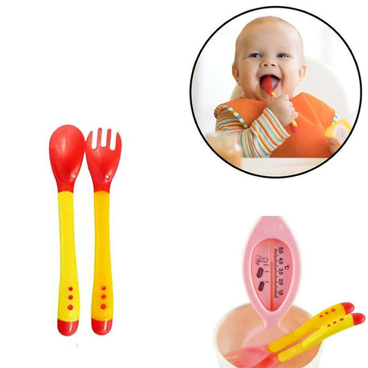 Safe-O-Kid Heat Sensitive 2 Spoons 2 Forks Set, Silicone Tip, Red And Yellow