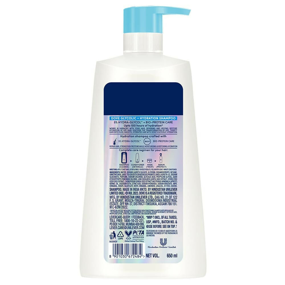 Dove Glycolic + Hydration Shampoo With 5% Hydra-Glycol For Upto 100 Hours Of Hydrated, Fluid Hair
