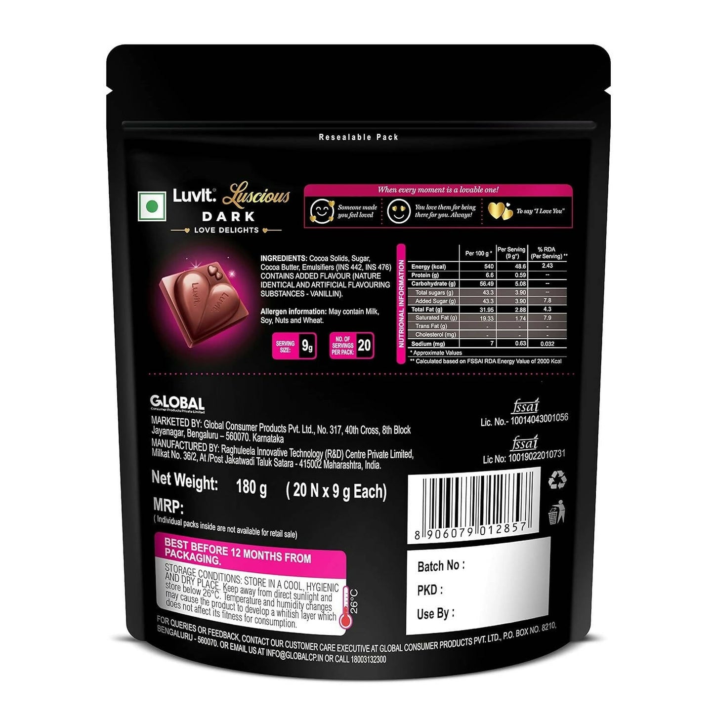 LuvIt Luscious Dark Love Delights - Heart Shaped Chocolate Bars