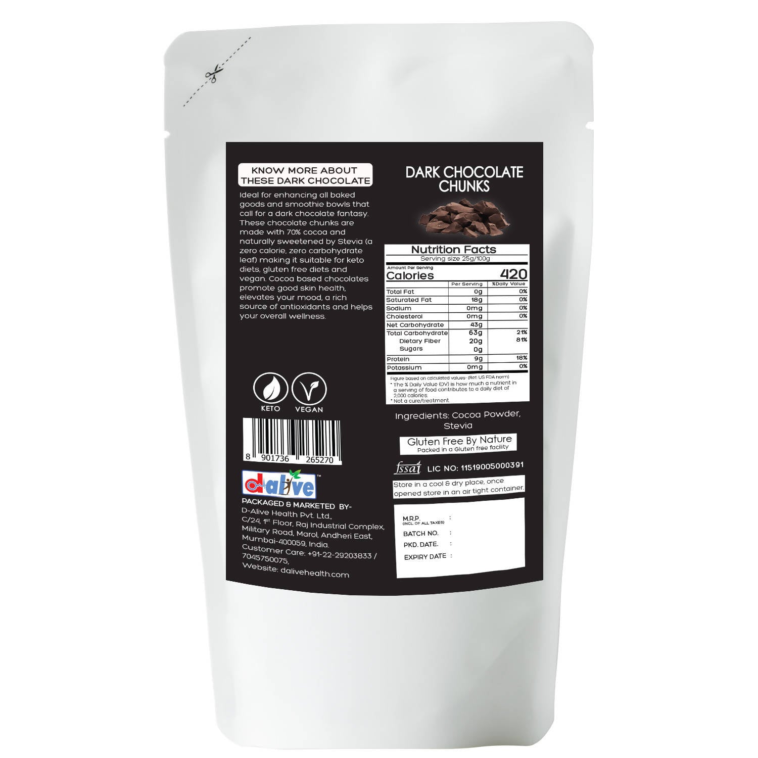 D-Alive Honestly Organic Dark Chocolate Chunks - Drmedicart