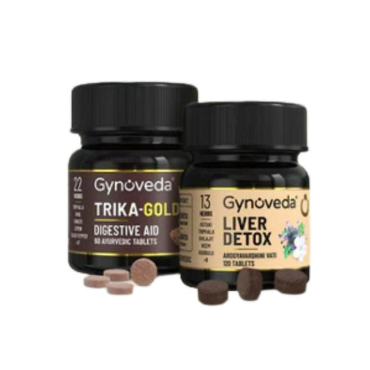 Gynoveda Gut Health Liver Detox + Trika-Gold Ayurvedic Tablets Combo