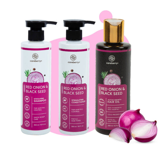 Careberry Organic Red Onion & Black Seed Oil Ultimate Anti Hair Fall Shampoo + Conditioner + Hair Oil - DrMediCart