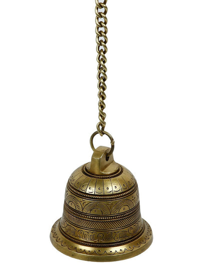 CraftVatika Gold-Toned Brass Hanging Bell with Attached Chain & Hook