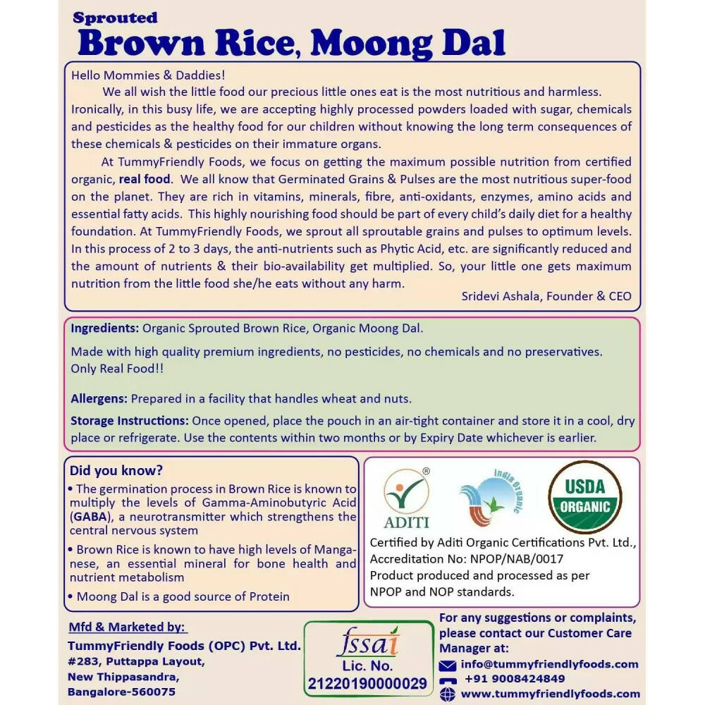 TummyFriendly Foods Organic Sprouted Brown Rice, Moong Dal Porridge Mix - Drmedicart