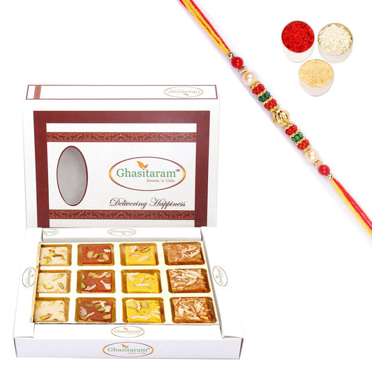 Ghasitaram Assorted Barfis White Box With Pearl Beads Rakhi