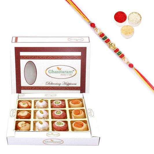 Ghasitaram Assorted Sweets in White Box With Pearl Beads Rakhi