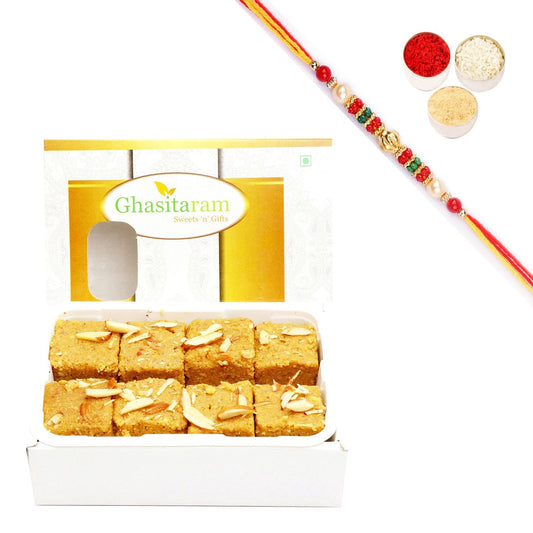 Ghasitaram Nani's Special Besan Barfi With Pearl Beads Rakhi